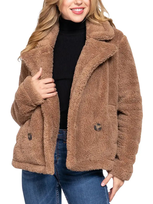 SALE - JACKET  LONG SLEEVE NOTCHED COLLOR SHERPA JACKETS  COLOR: CAMEL