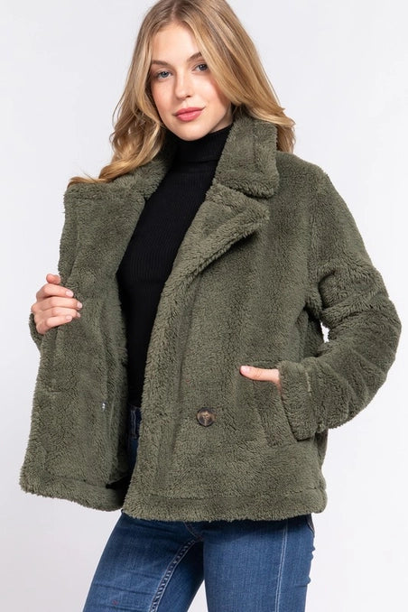 SALE - JACKET  LONG SLEEVE NOTCHED COLLOR SHERPA JACKET COLOR: FOREST GREEN