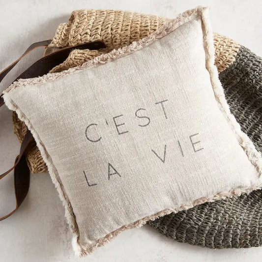 PILLOW. SMALL SQUARE C’EST LA VIE PILLOW. WASHABLE COVER. ZIPPER ORIG PRICE $18.00